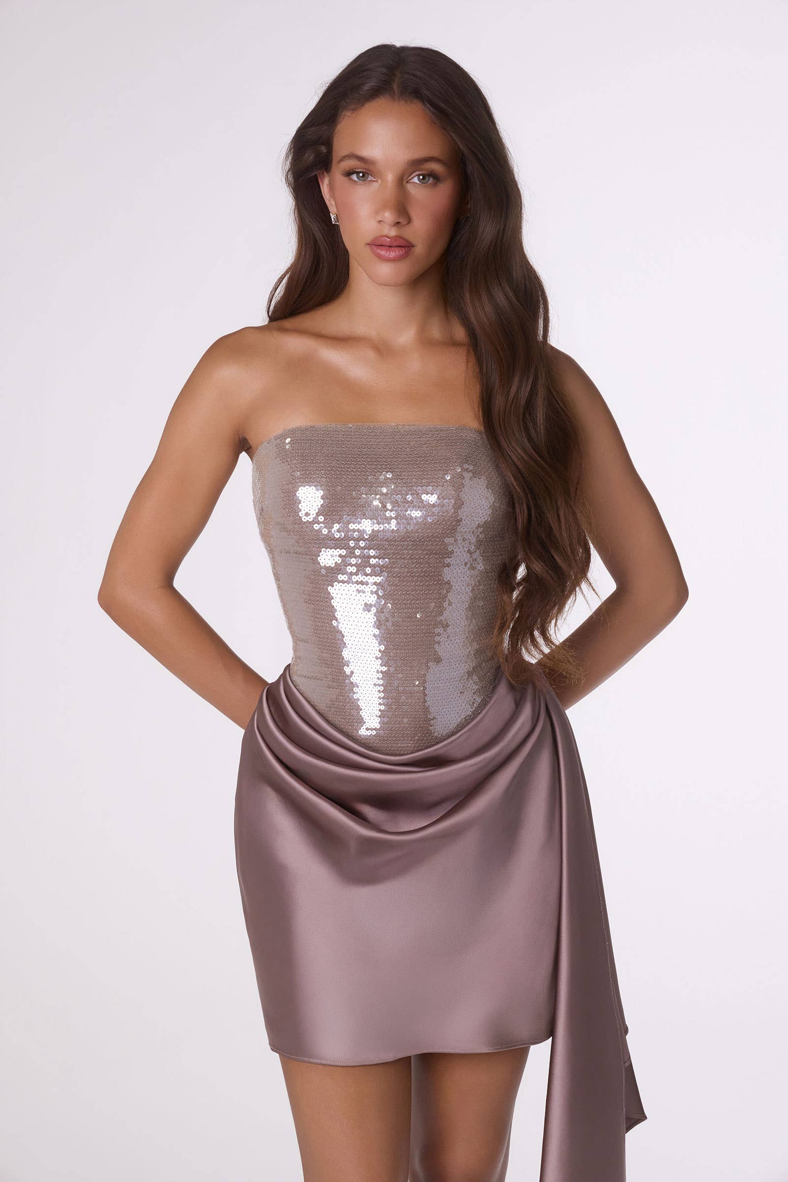 STRAPLESS SEQUIN & SATIN MINI DRESS WITH DRAPED SASH