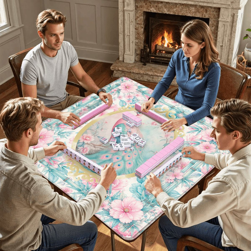 Pretty Pastel Peacock Chinoiserie Blossoms Mahjong Mat