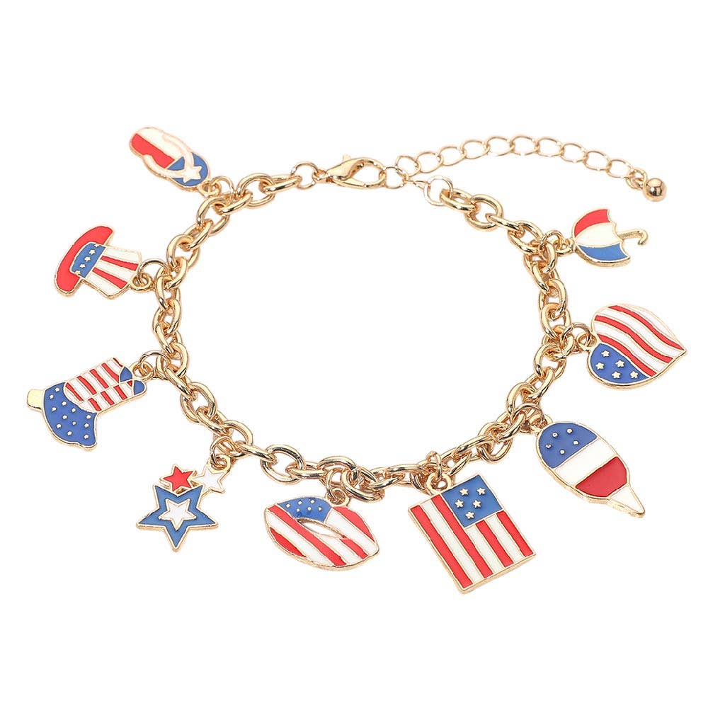 American USA Flag Patriotic Lip Hat Star Heart Charm Chain Bracelet