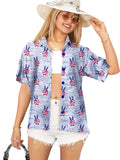 HAPPY BAY Women's Hawaiian Shirt US Flag Blue P07107