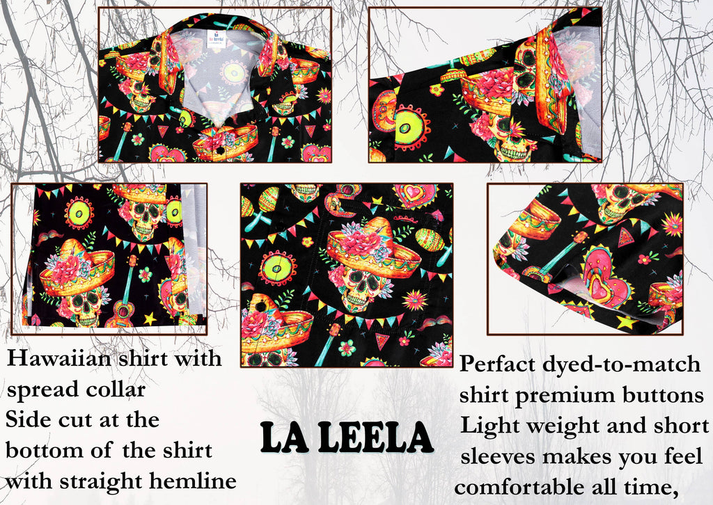 La Leela Halloween Skull Printed Hawaiian Shirt Black P00506