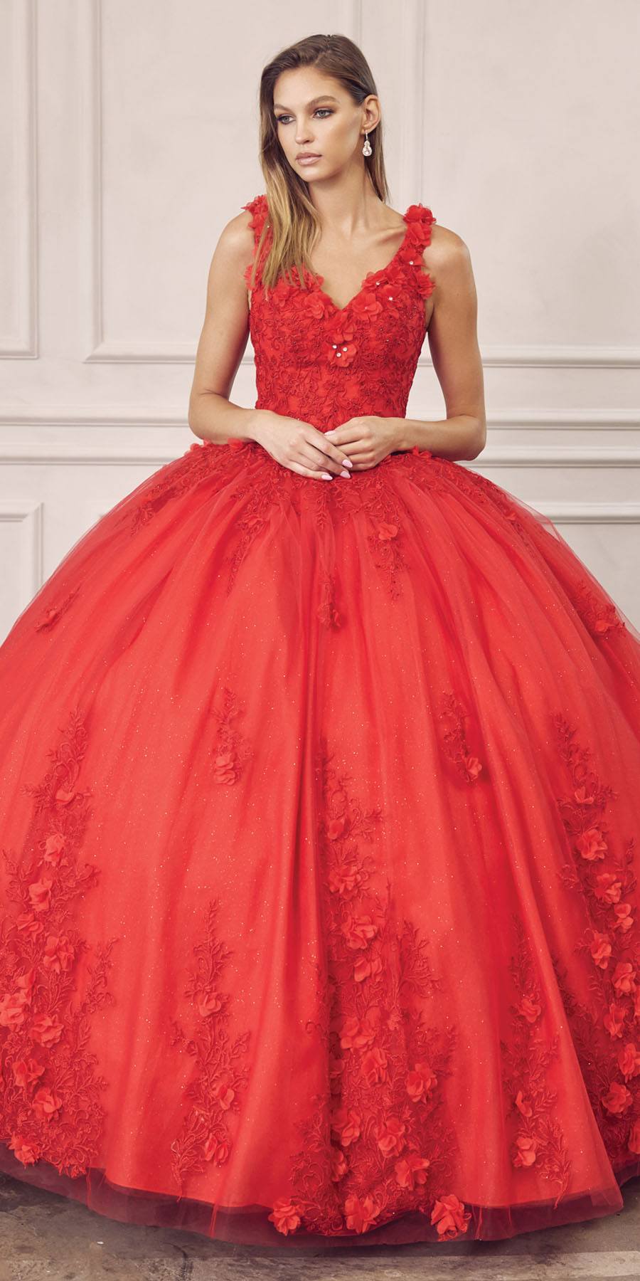 Juliet 1437 Floral Applique Quinceanera Ball Gown With 3D Flowers