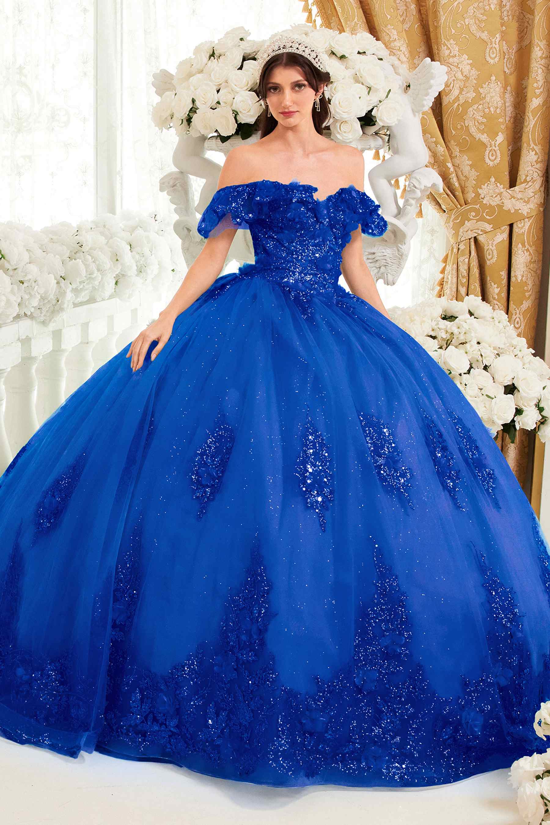Ladivine 15701 Floral Off the Shoulder A-line Quince Ball Gown