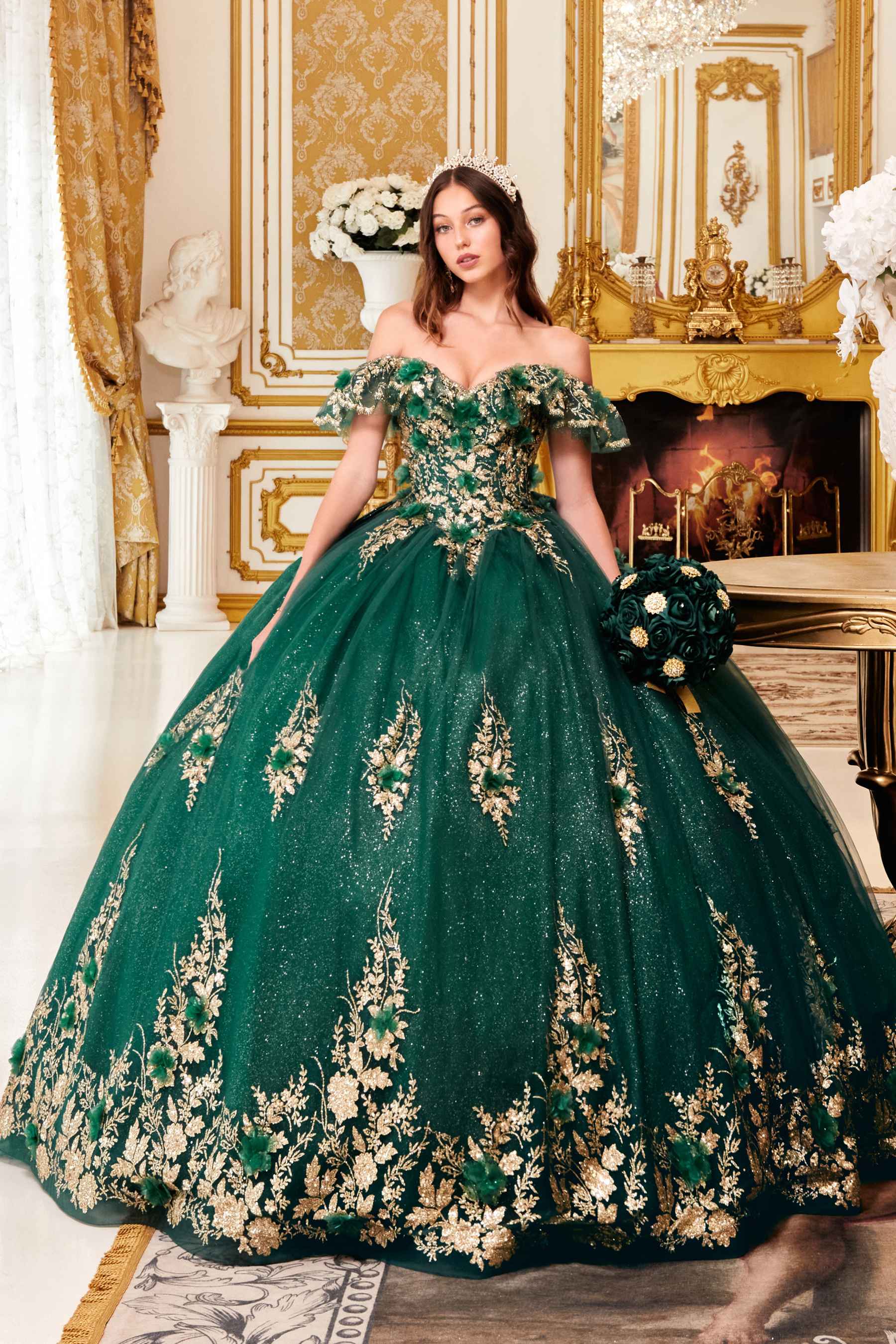 Ladivine 15701 Floral Off the Shoulder A-line Quince Ball Gown