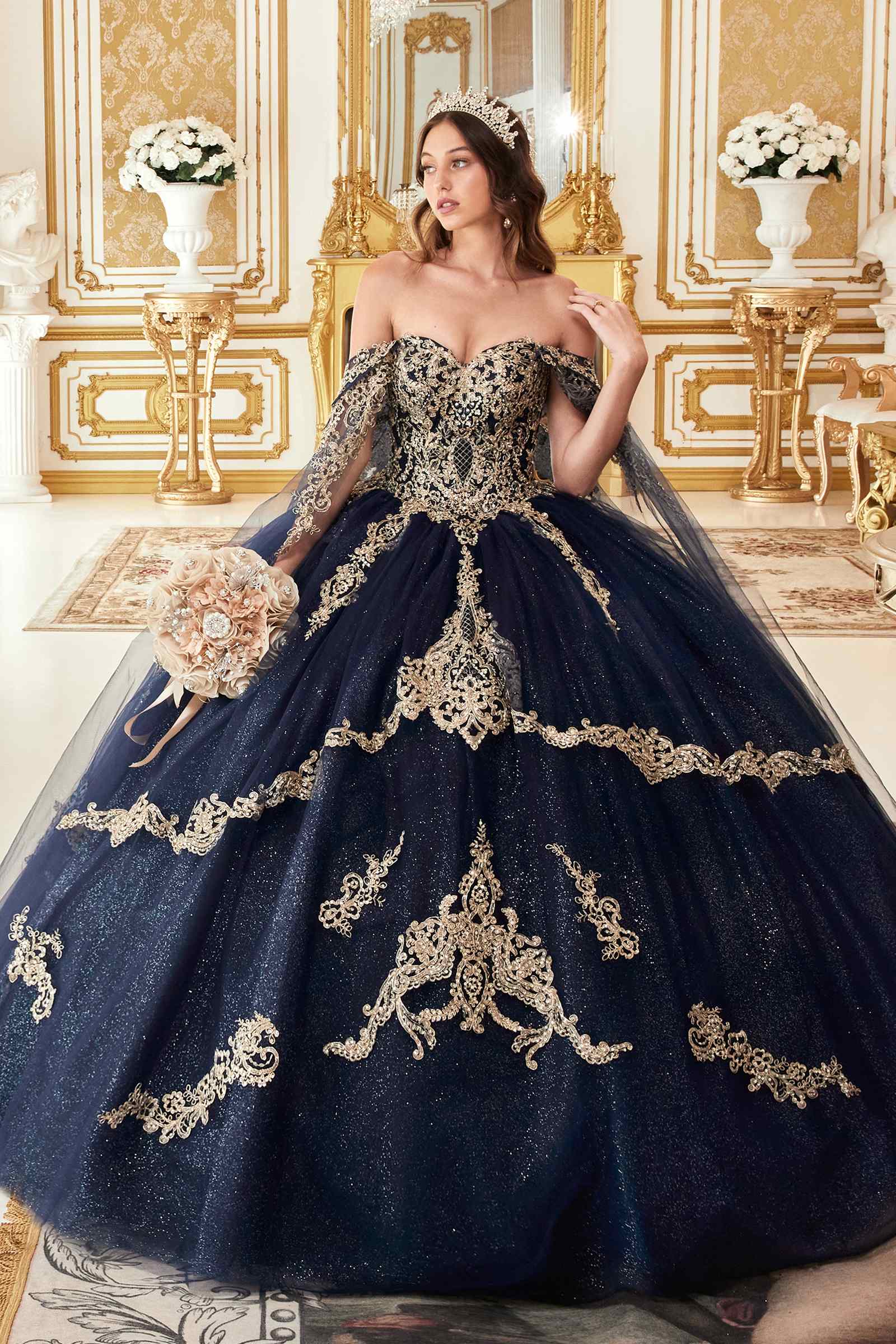 Ladivine 15711 Off the Shoulder Glitter Tulle A-Line Ball Gown Removable Cape