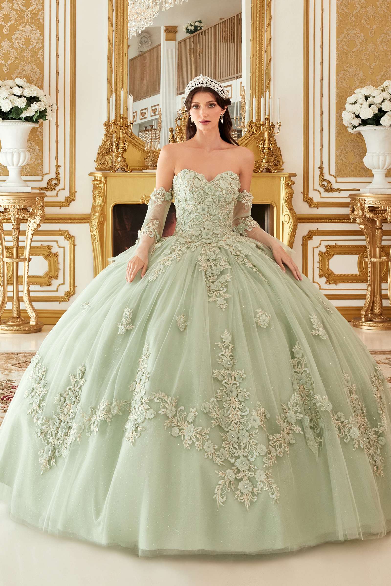 Ladivine 15714 Long Poofy Cinderella A-Line Ballgown Strapless with Gloves