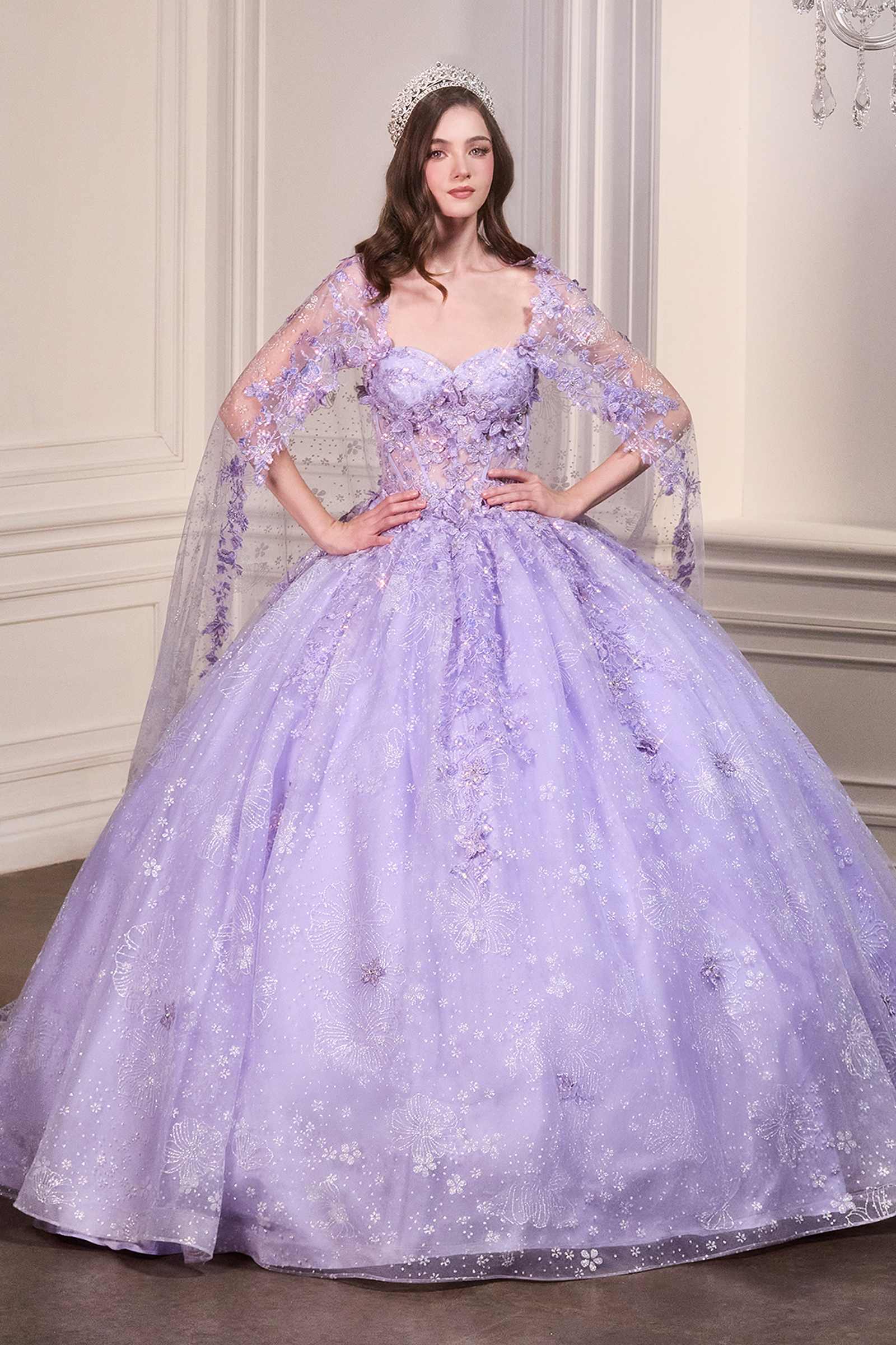 Ladivine 15719 Long Poofy Quinceanera Gown With Tulle Cape