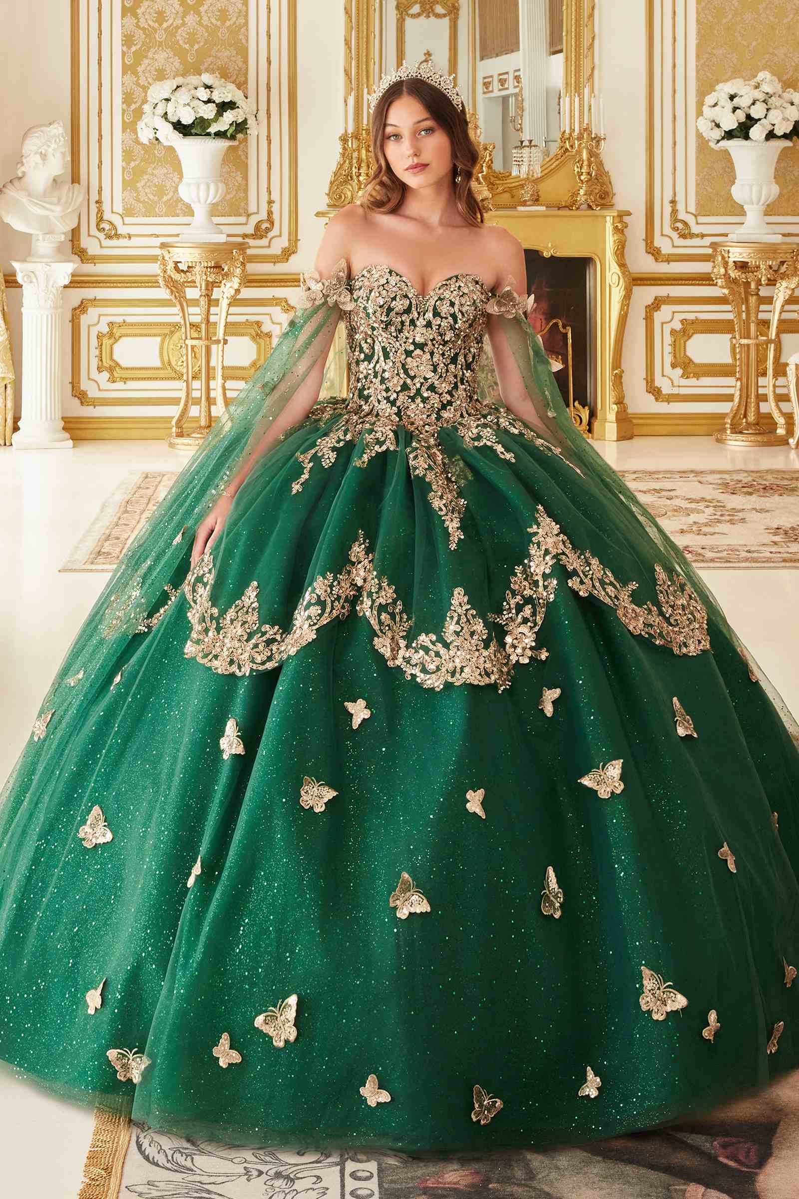 Ladivine 15721 Long Strapless Tulle Cape Sleeve Ball Gown