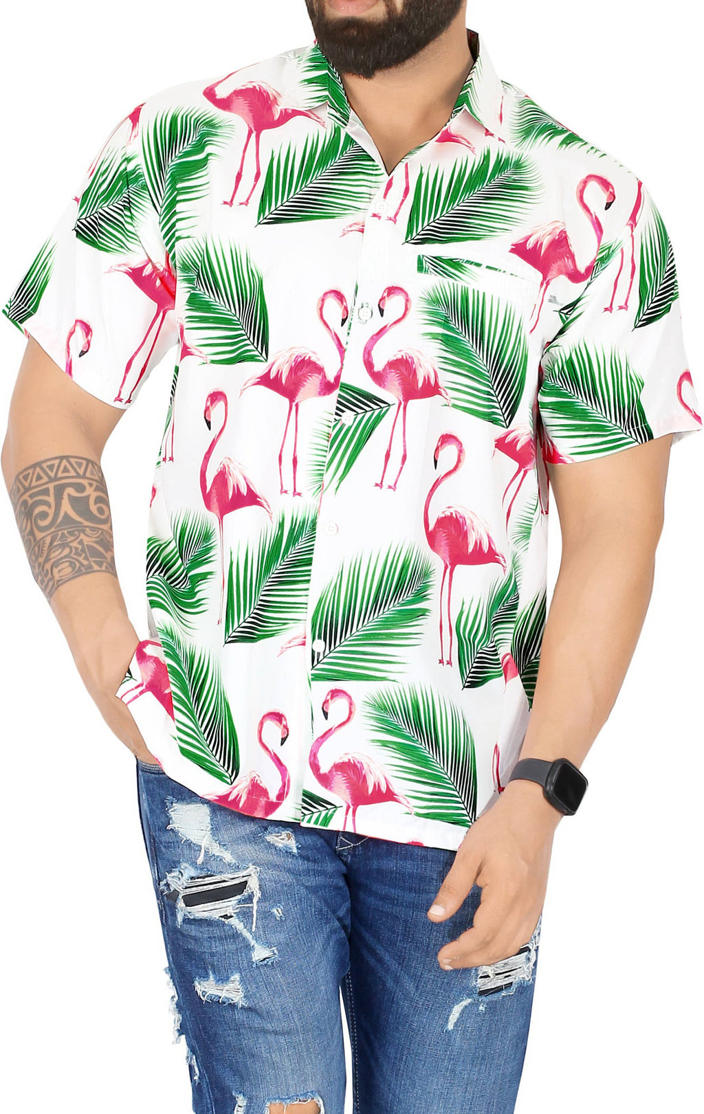 HAPPY BAY Men's Holiday Beach Shirts White,Bird Leaf P00174