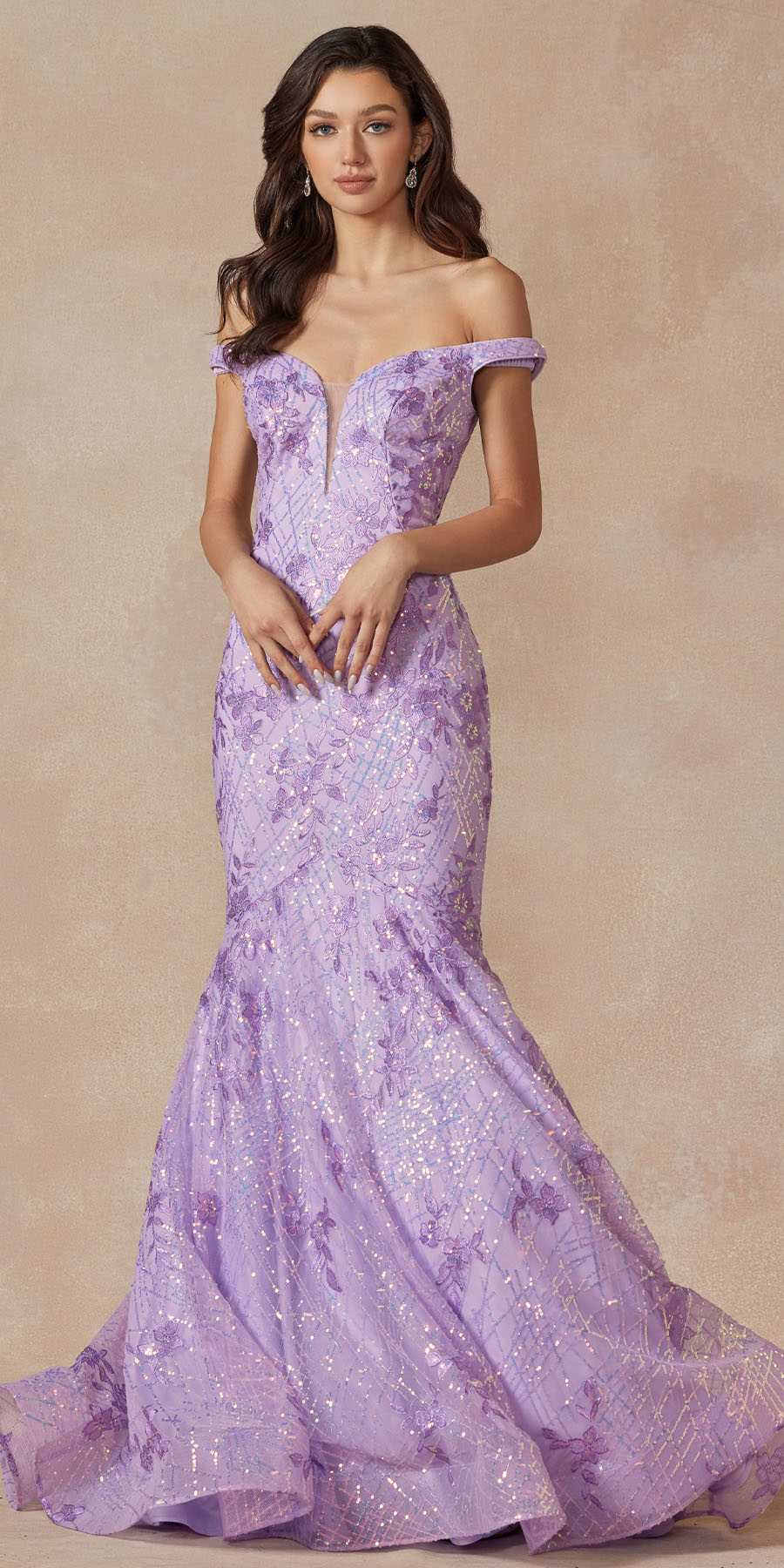 Juliet 2412 Mermaid Gown Plunging Deep V Illusion Neckline Off the Shoulder