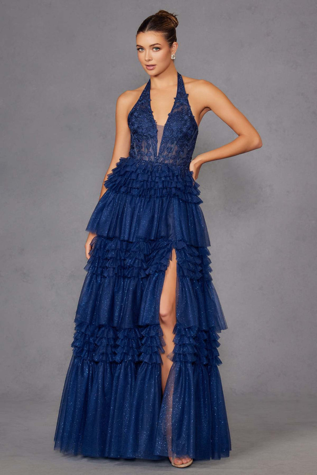 Juliet JT2556S Halter V-Neckline Layered Tulle Slit A-Line Gown