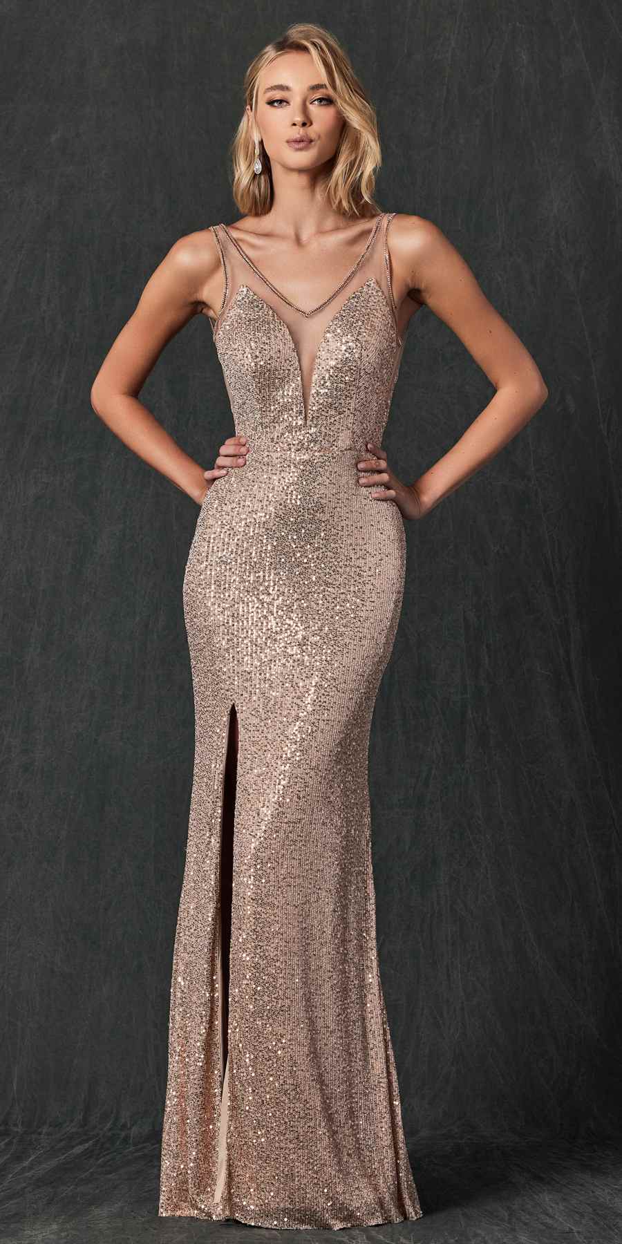 Juliet 264 Long Fitted Sequin Dress Sheer Sides