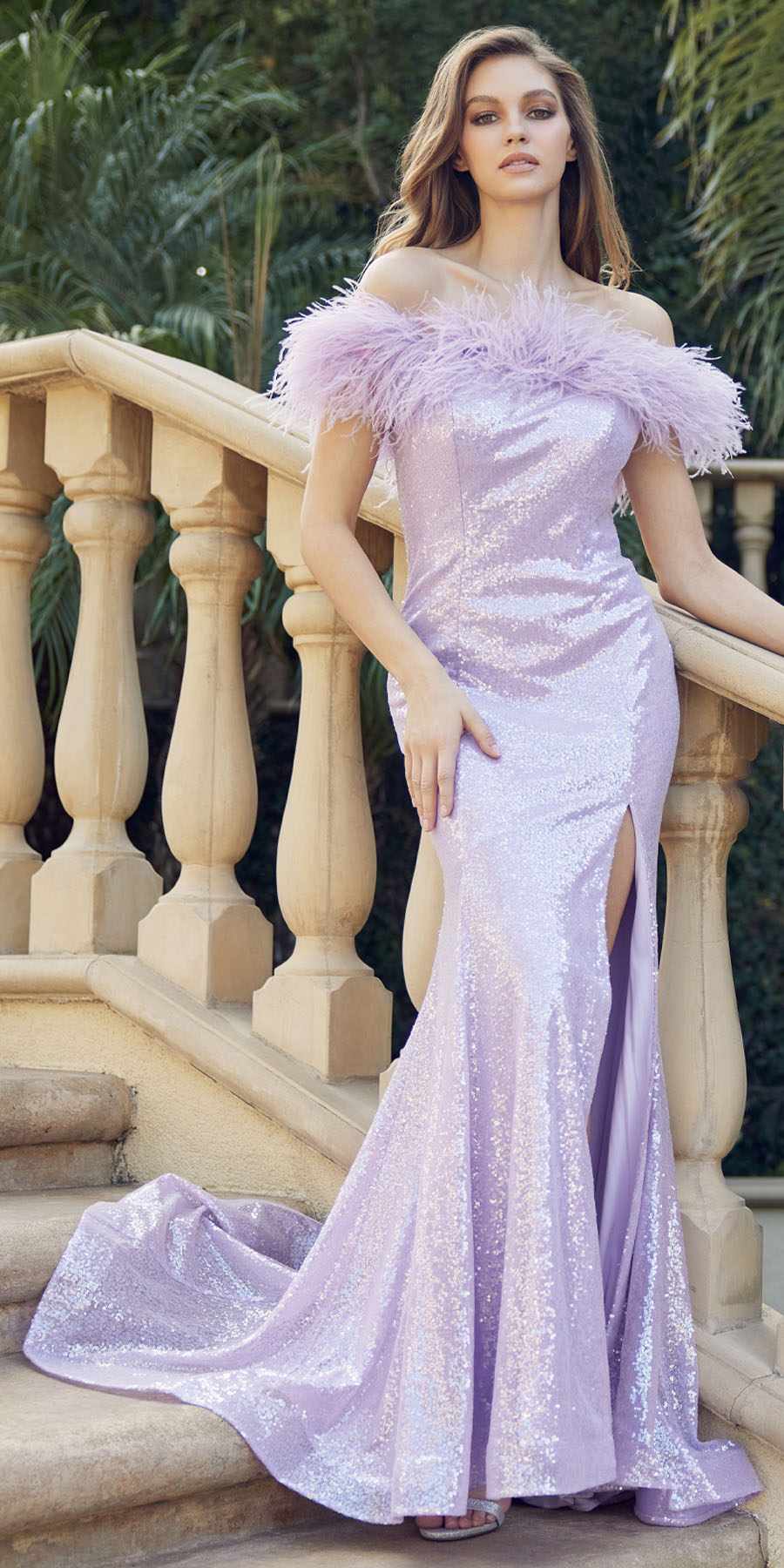 Juliet 292 Long Feather Neckline Off the Shoulder High Slit Prom Gown