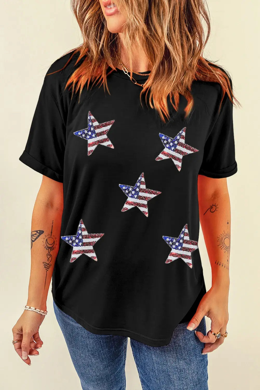 Multicolor Sequined American Flag Star Graphic T Shirt