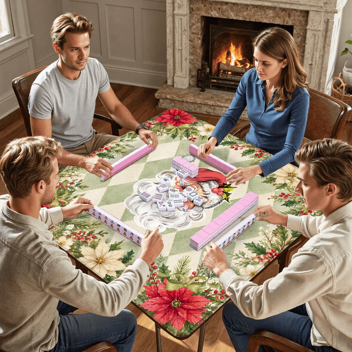 Vintage Santa Harlequin Romance Green Christmas Mahjong Mat