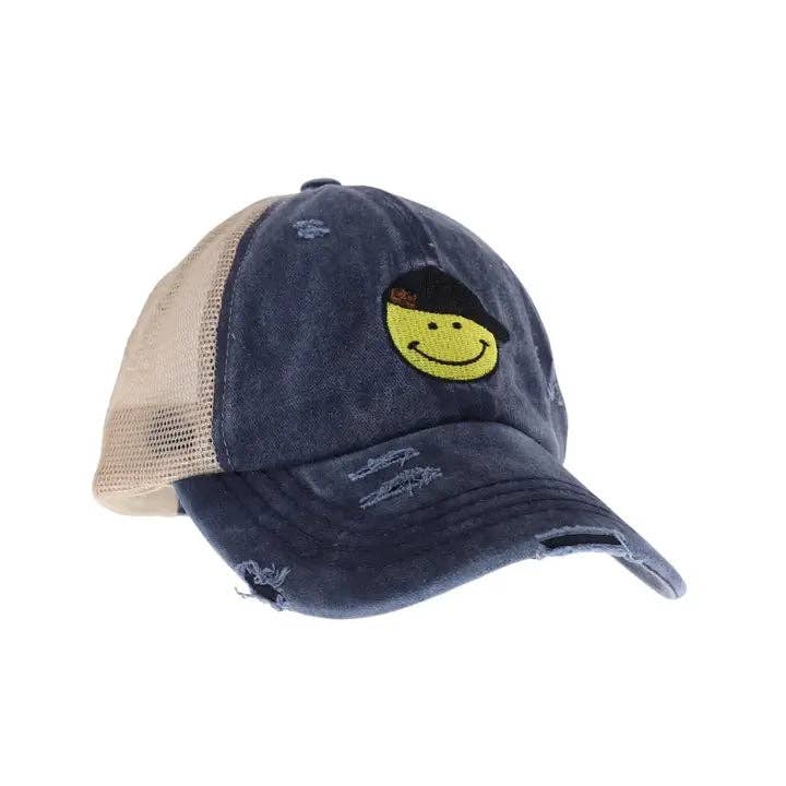 C.C Smiley Face Embroidered Criss Cross High Pony C.C Ball Cap BT1015