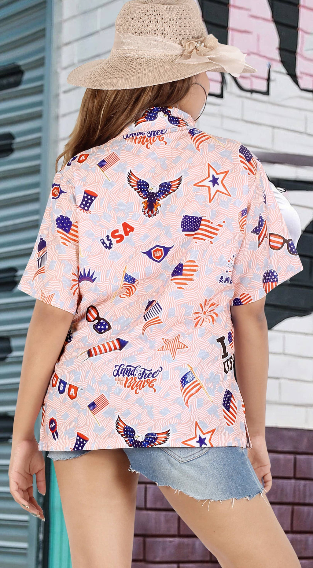 HAPPY BAY Women's Hawaiian Shirt US FLAG L-RED P07113