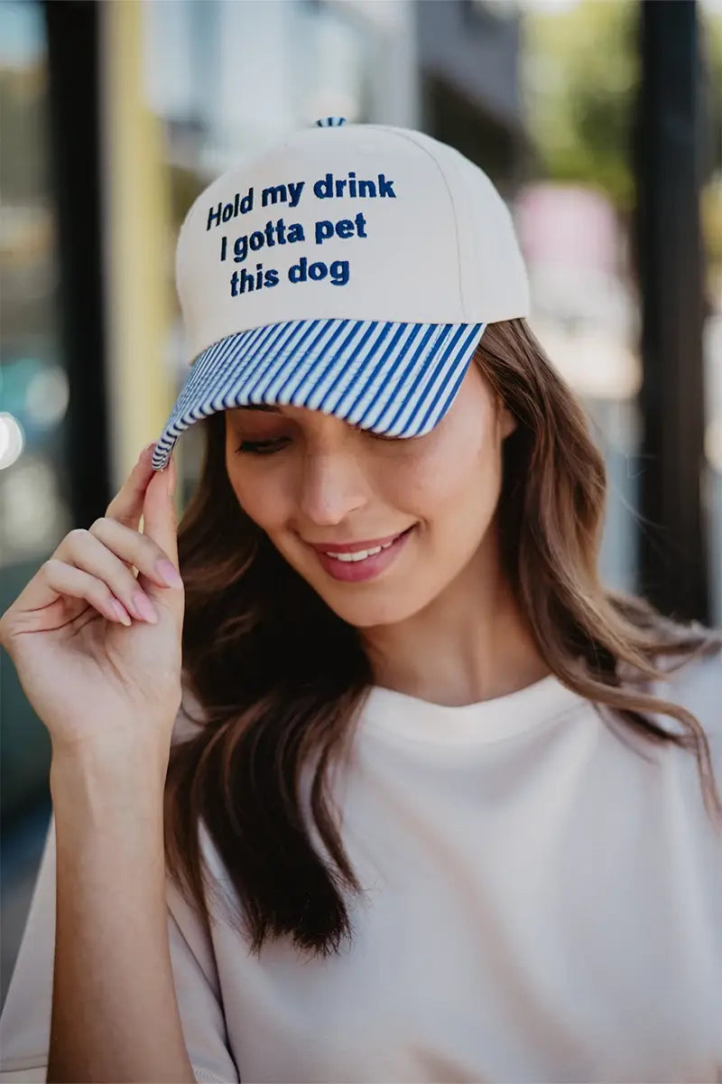 Hold My Drink I Gotta Pet This Dog Vintage Hat Grad Gift: Light Blue and Navy Stripe