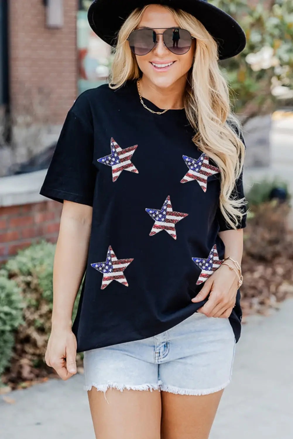 Multicolor Sequined American Flag Star Graphic T Shirt