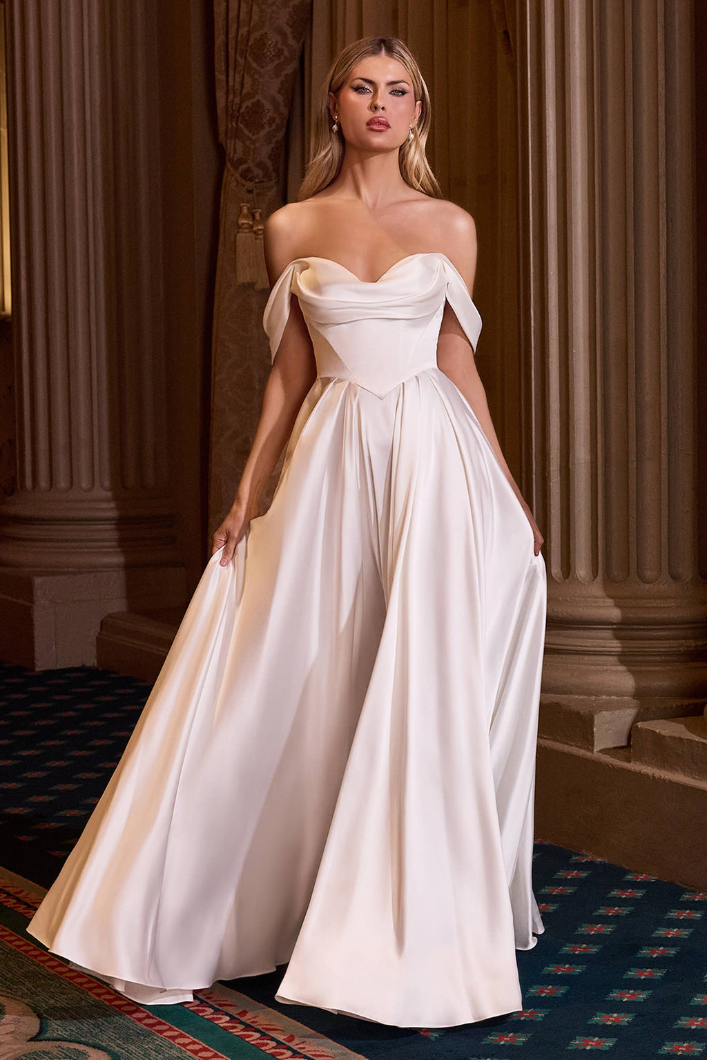 Off-the-shoulder draped neckline, pleated bodice