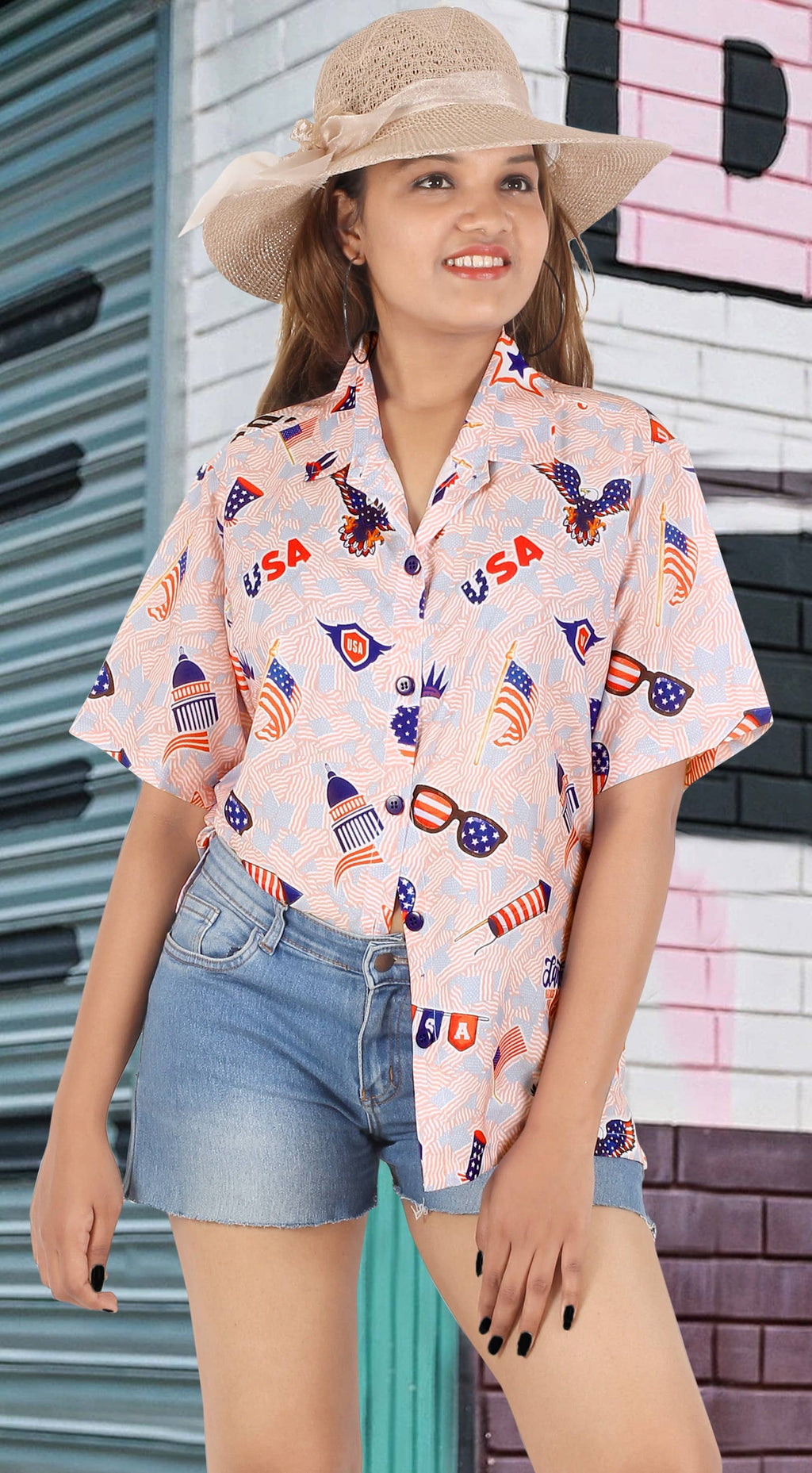 HAPPY BAY Women's Hawaiian Shirt US FLAG L-RED P07113