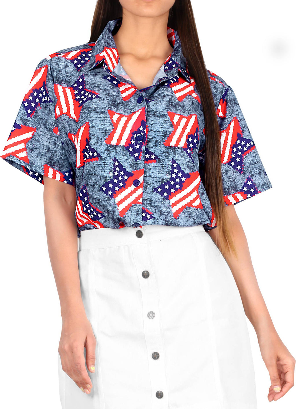 HAPPY BAY Women's Hawaiian Shirt Stars And Stripes P00560