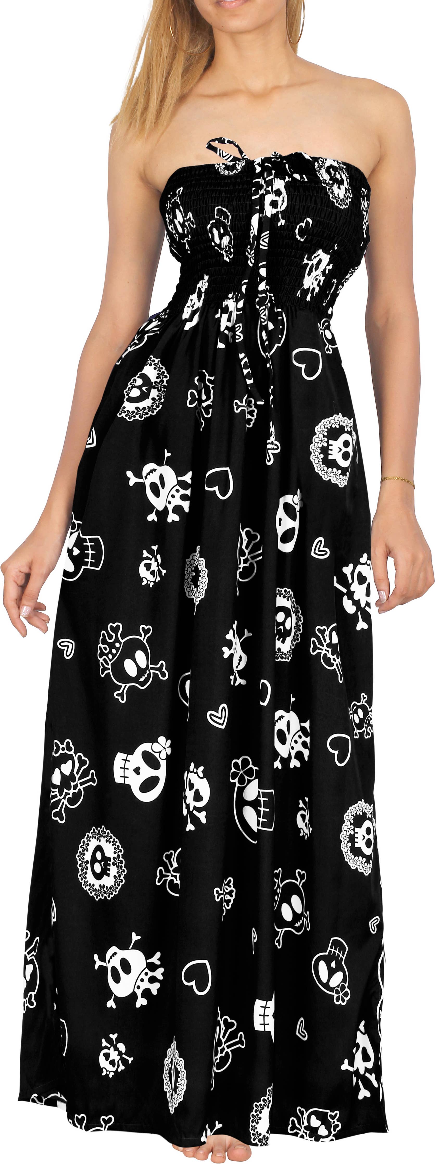 LA LEELA Women Skull Maxi Tube Dress Black P01152