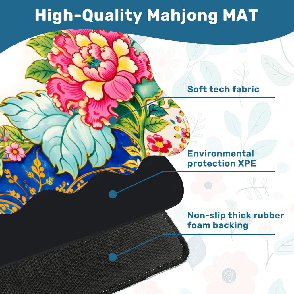 Tobacco Leaf Asian Chinoiserie Floral Scalloped Mahjong Mat