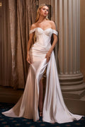 Off-the-shoulder sweetheart neckline, embellished lace bodic