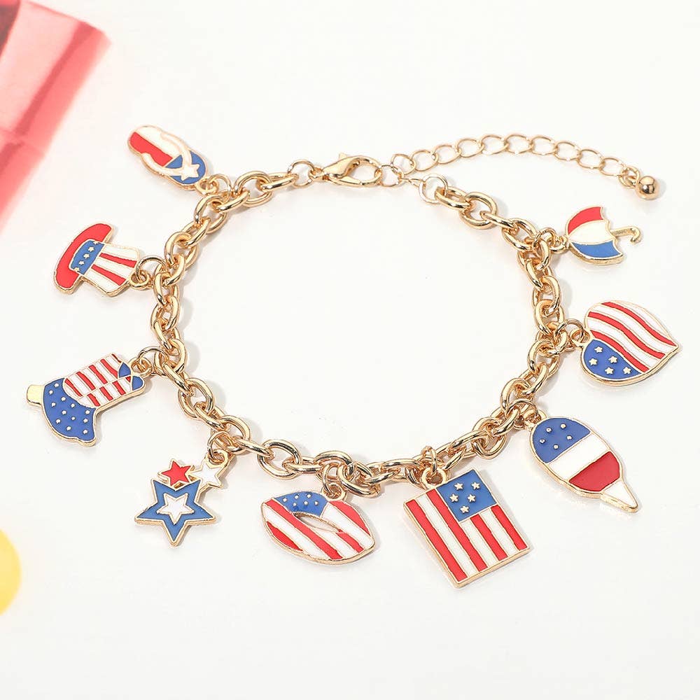 American USA Flag Patriotic Lip Hat Star Heart Charm Chain Bracelet