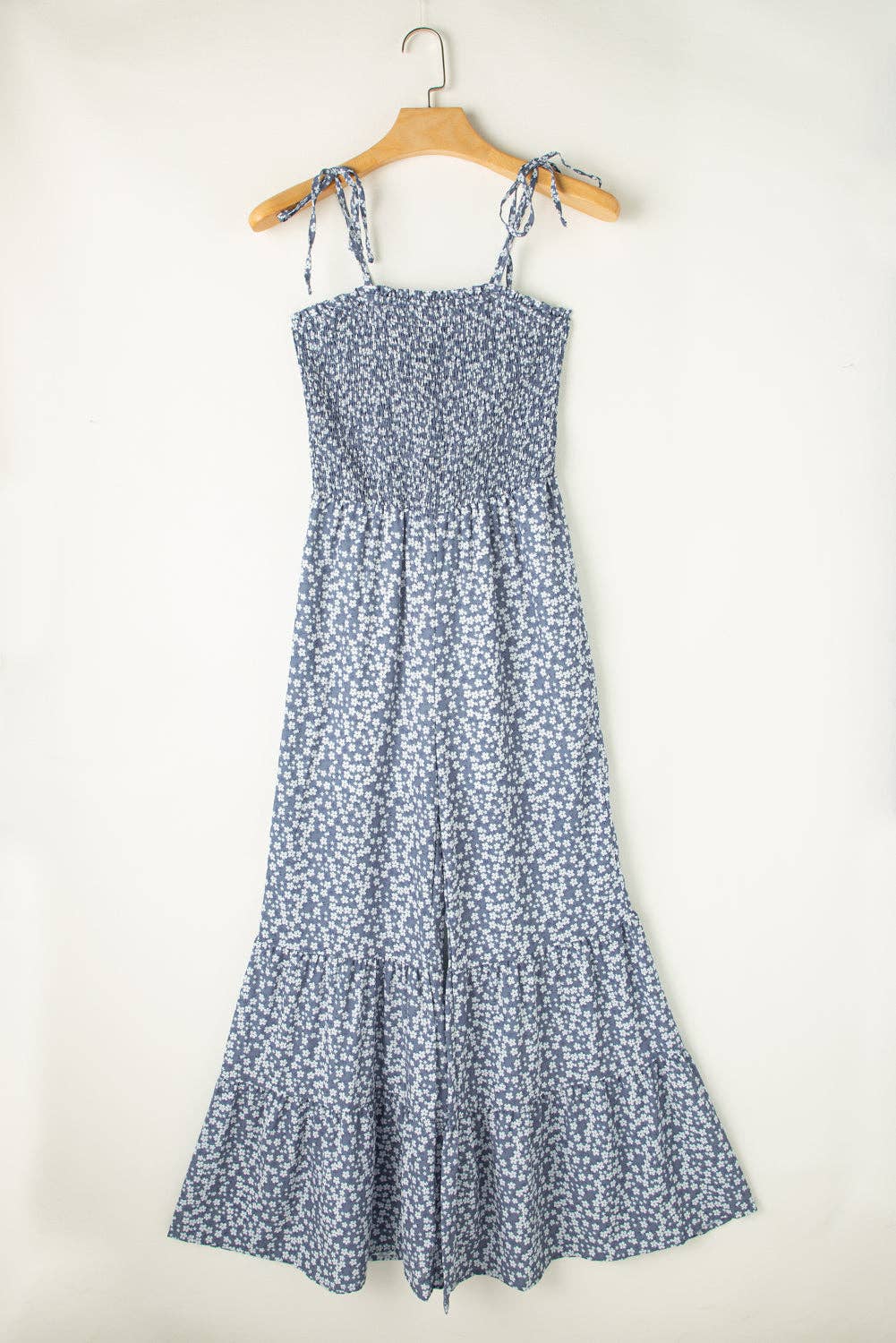 Thin Straps Smocked Bodice Wide Leg Floral Jumpsuit