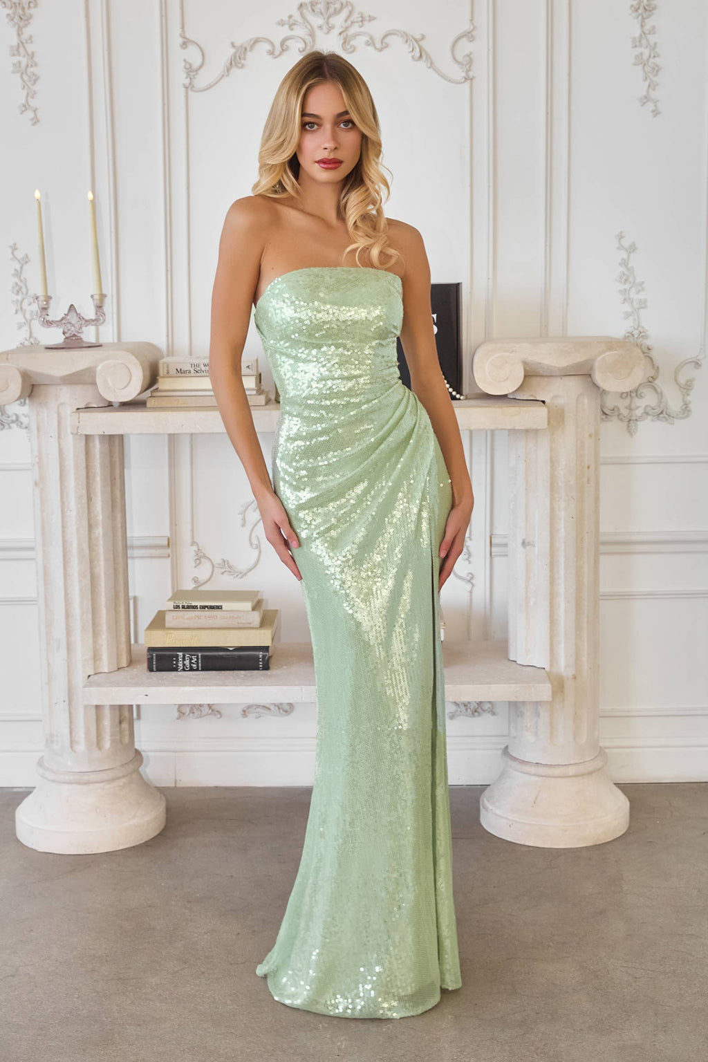 STRAPLESS LIQUID SEQUIN FITTED GOWN WITH SLIT
