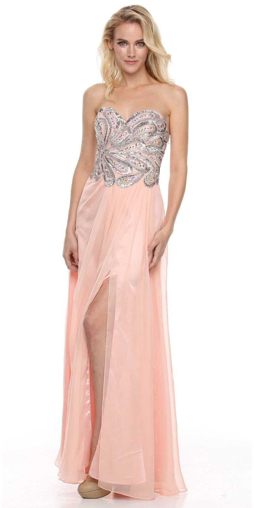 CLEARANCE - Juliet 548 Beaded Bodice Long Strapless Thigh Slit Formal Gown