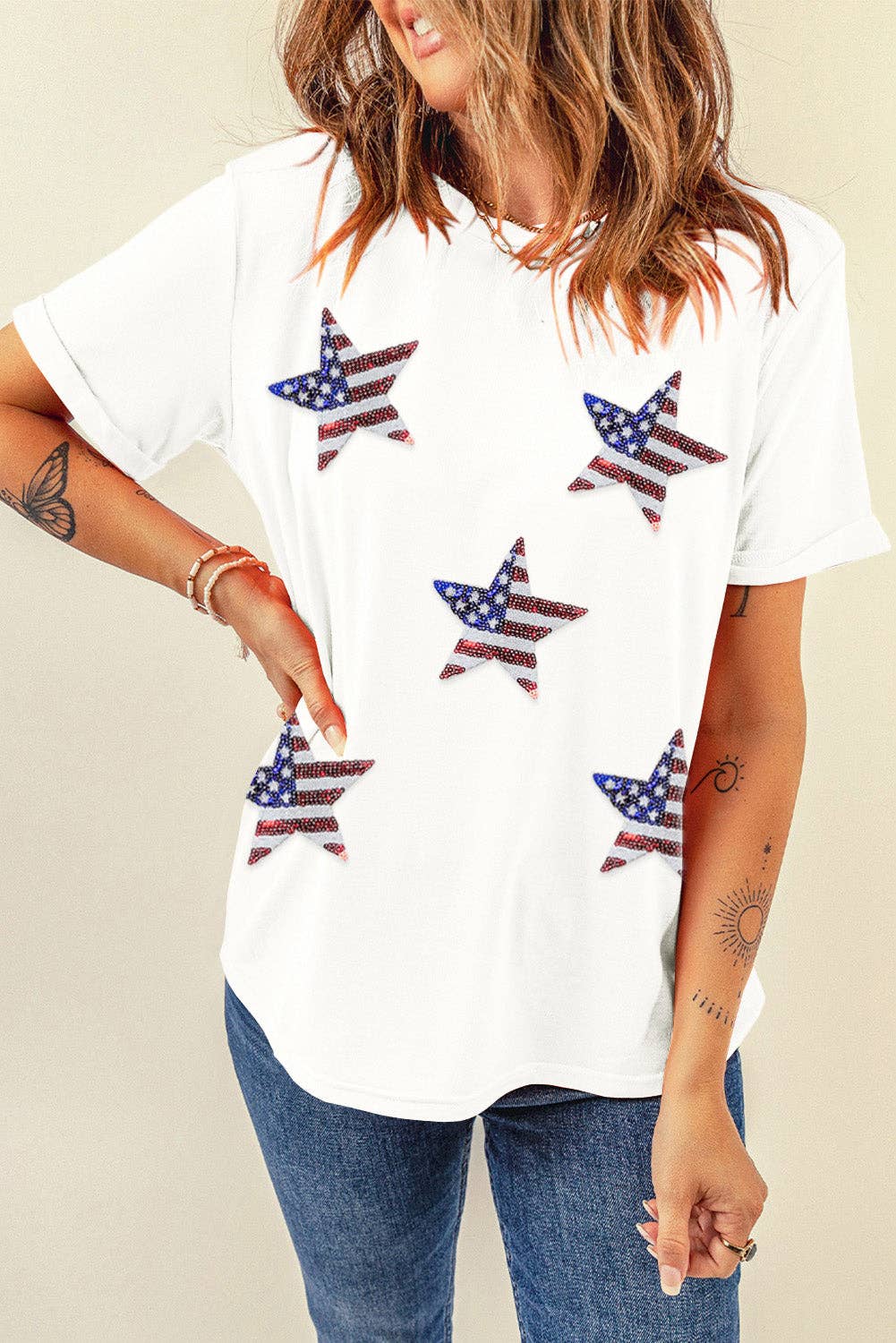Multicolor Sequined American Flag Star Graphic T Shirt