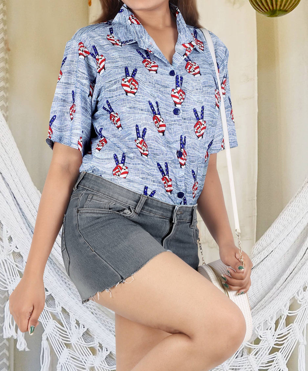 HAPPY BAY Women's Hawaiian Shirt US Flag Blue P07107