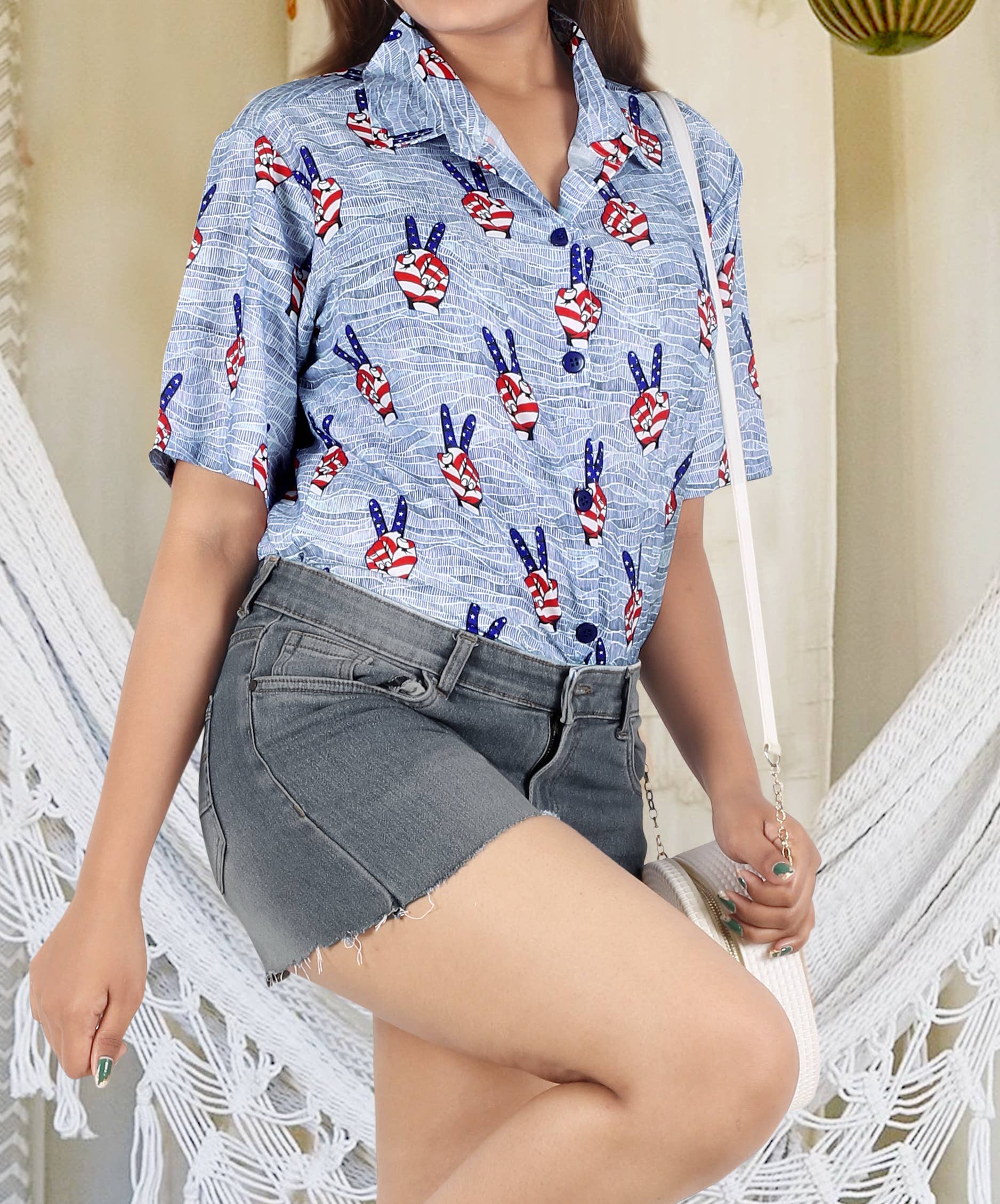 HAPPY BAY Women's Hawaiian Shirt US Flag Blue P07107