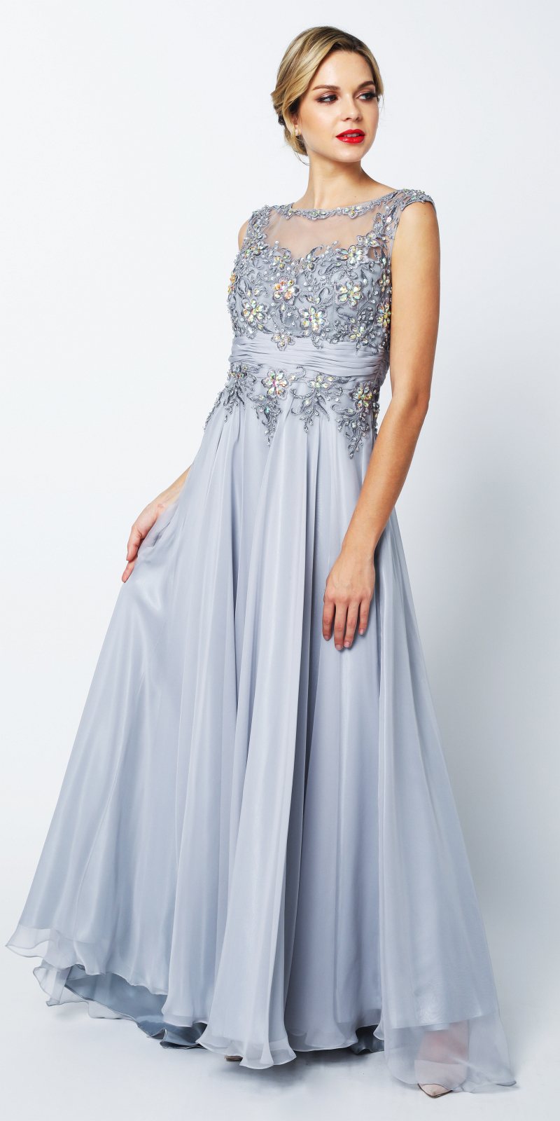 Juliet 552 Long Jewel Neckline Studded Bodice A-Line Gown