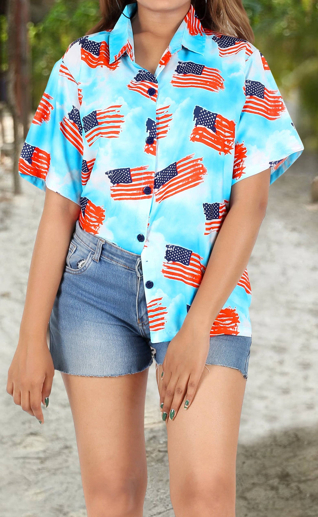 HAPPY BAY Women's Hawaiian Shirt US FLAG Blue P07109