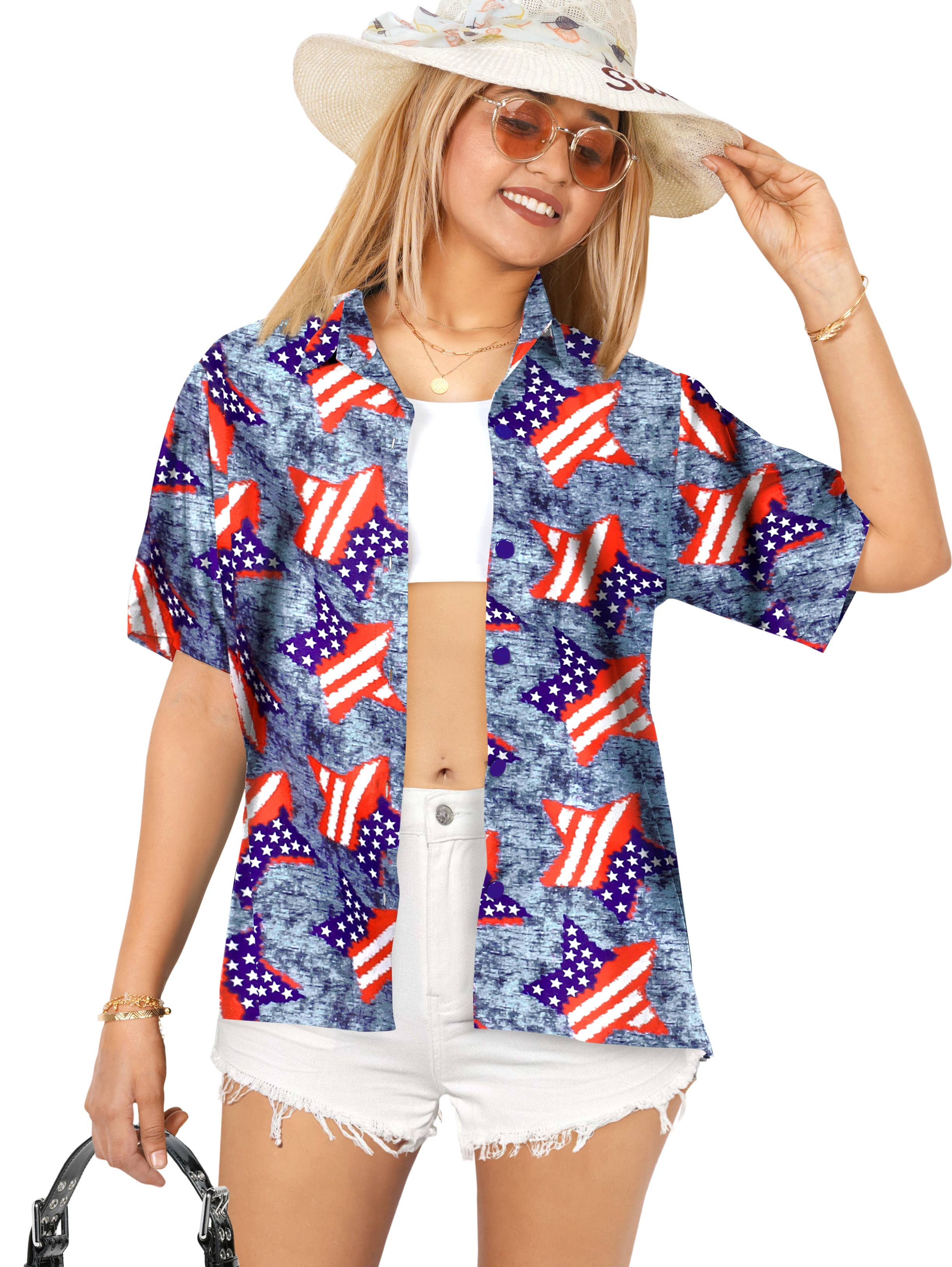 HAPPY BAY Women's Hawaiian Shirt Stars And Stripes P00560