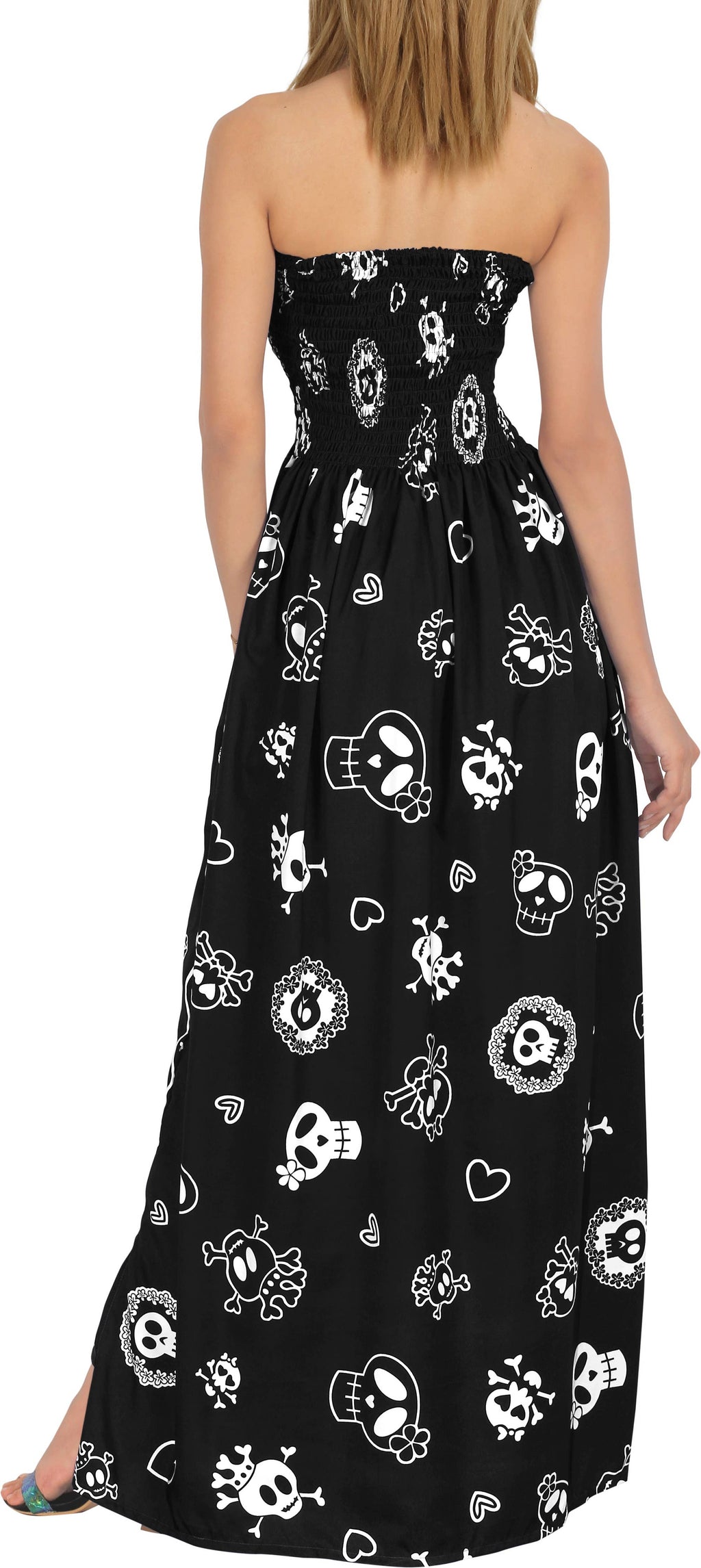 LA LEELA Women Skull Maxi Tube Dress Black P01152