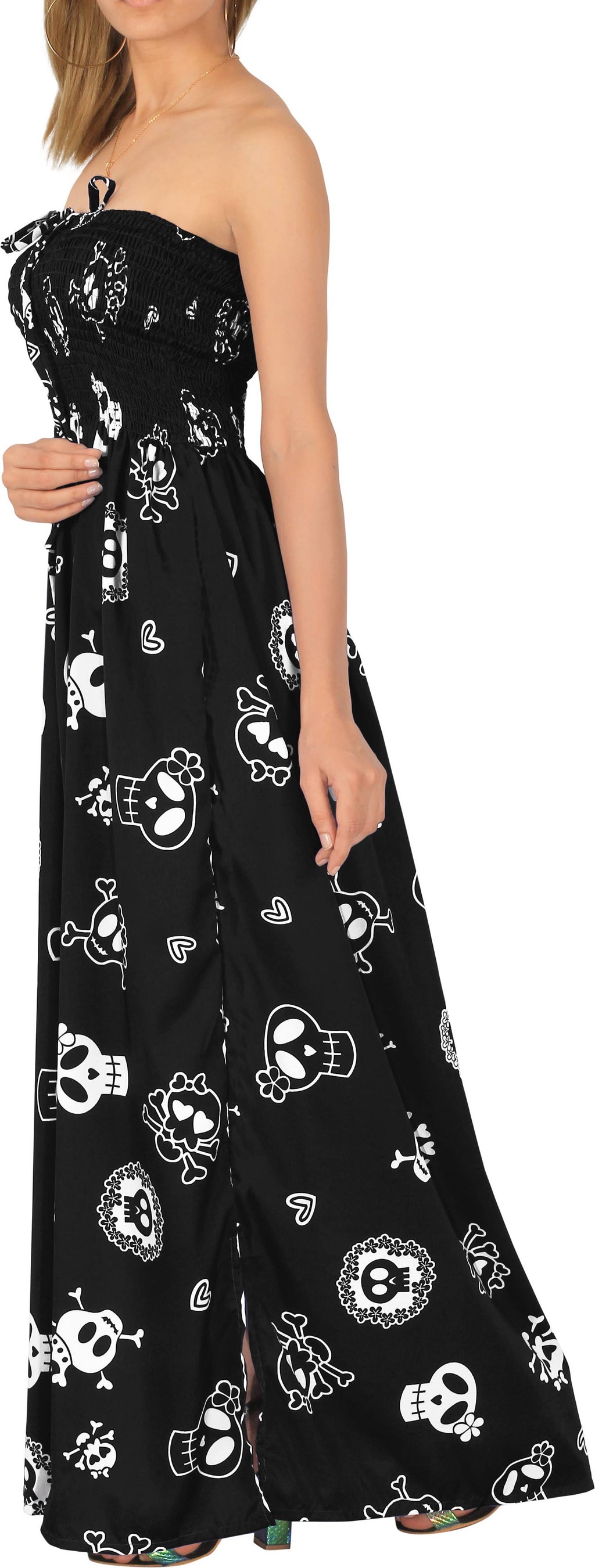 LA LEELA Women Skull Maxi Tube Dress Black P01152