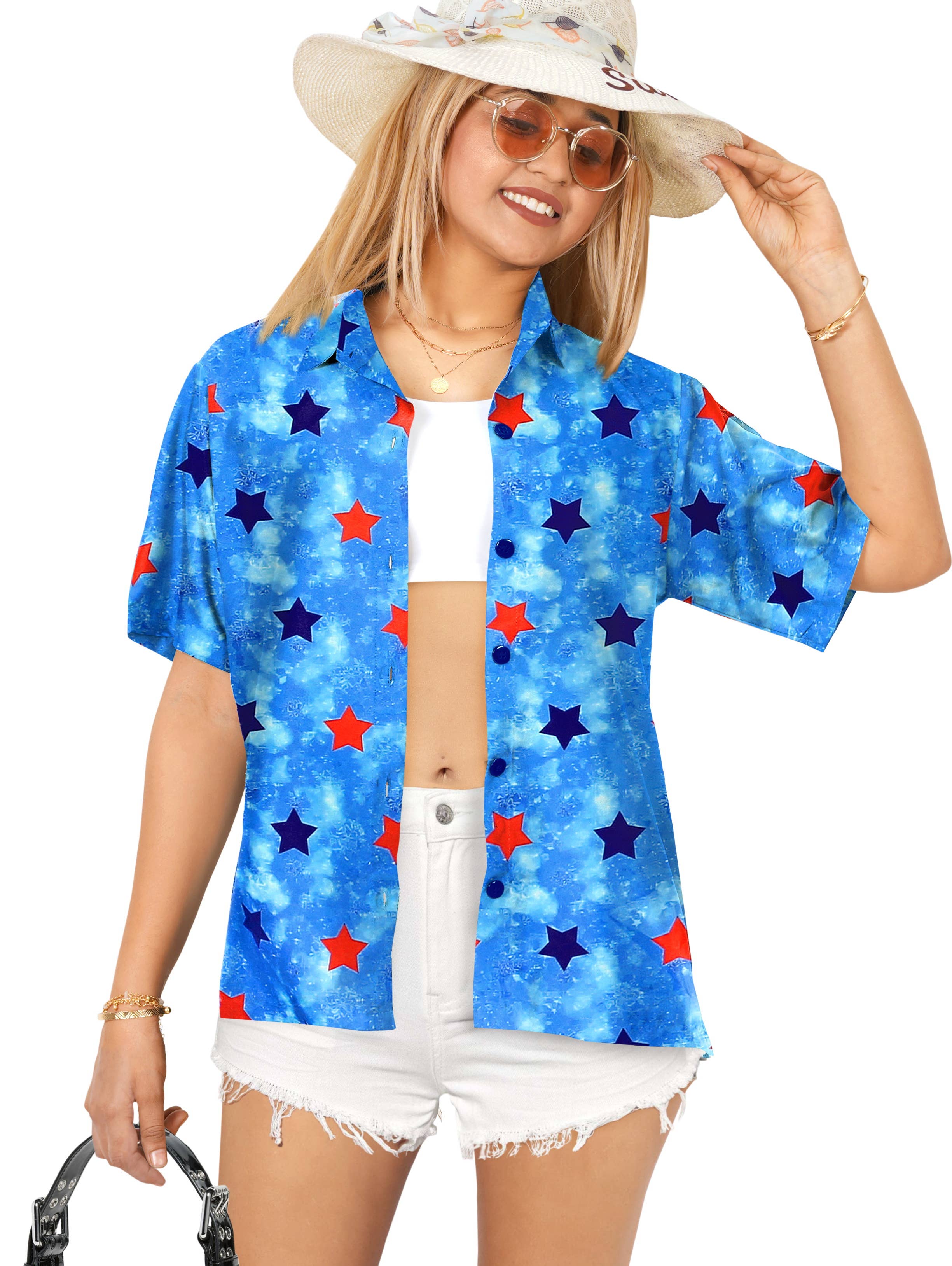 HAPPY BAY Women's Hawaiian Shirt Allover Stars Blue P07037