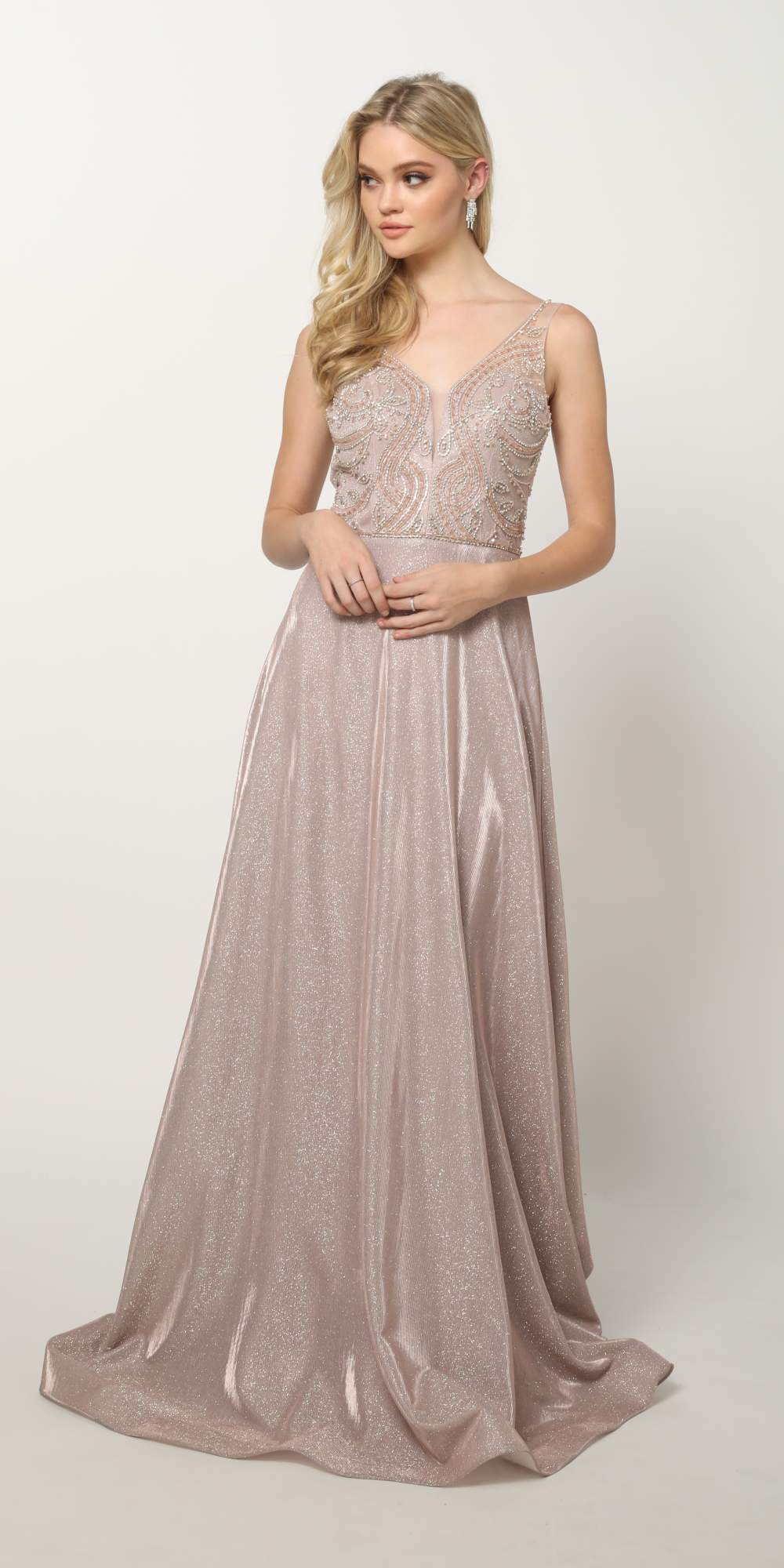 Juliet 699 Metallic Glitter Dress Embellished Bodice V-Neck Sleeveless