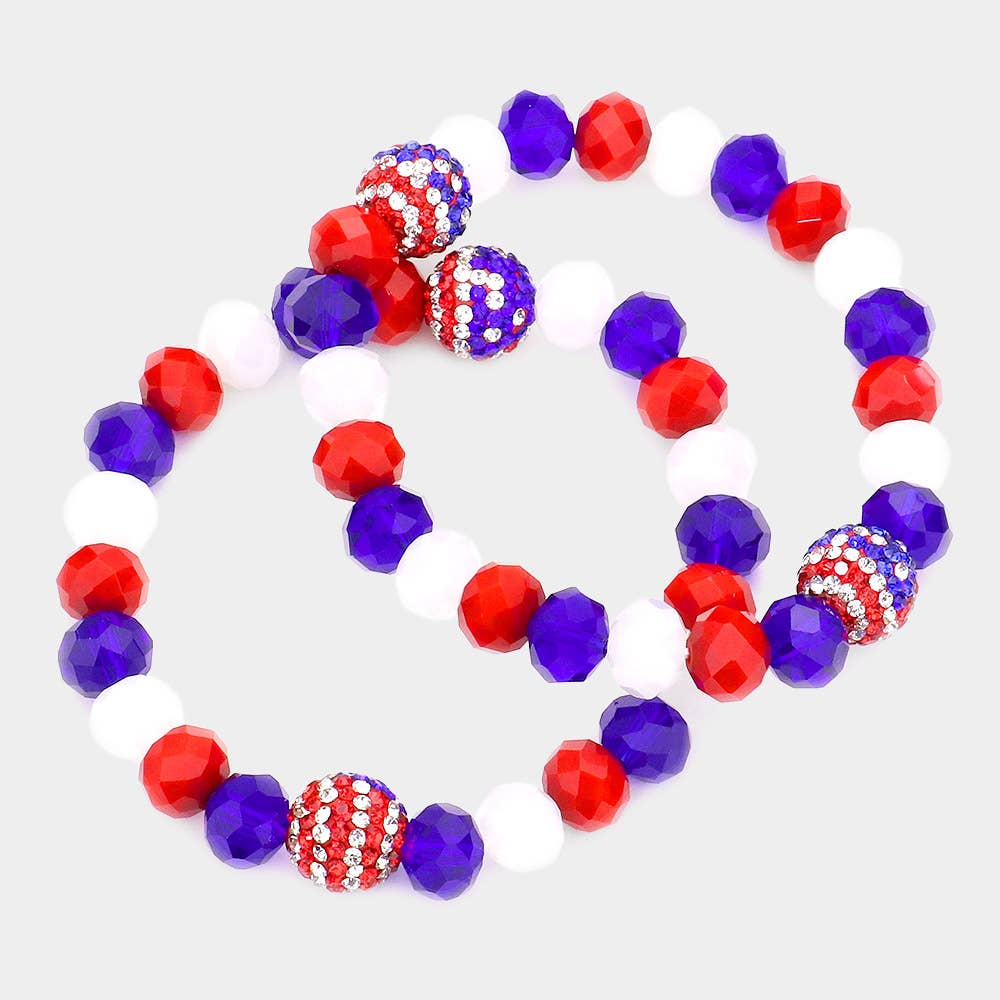 2PCS - American USA Flag Shamballa Ball Stretch Bracelets