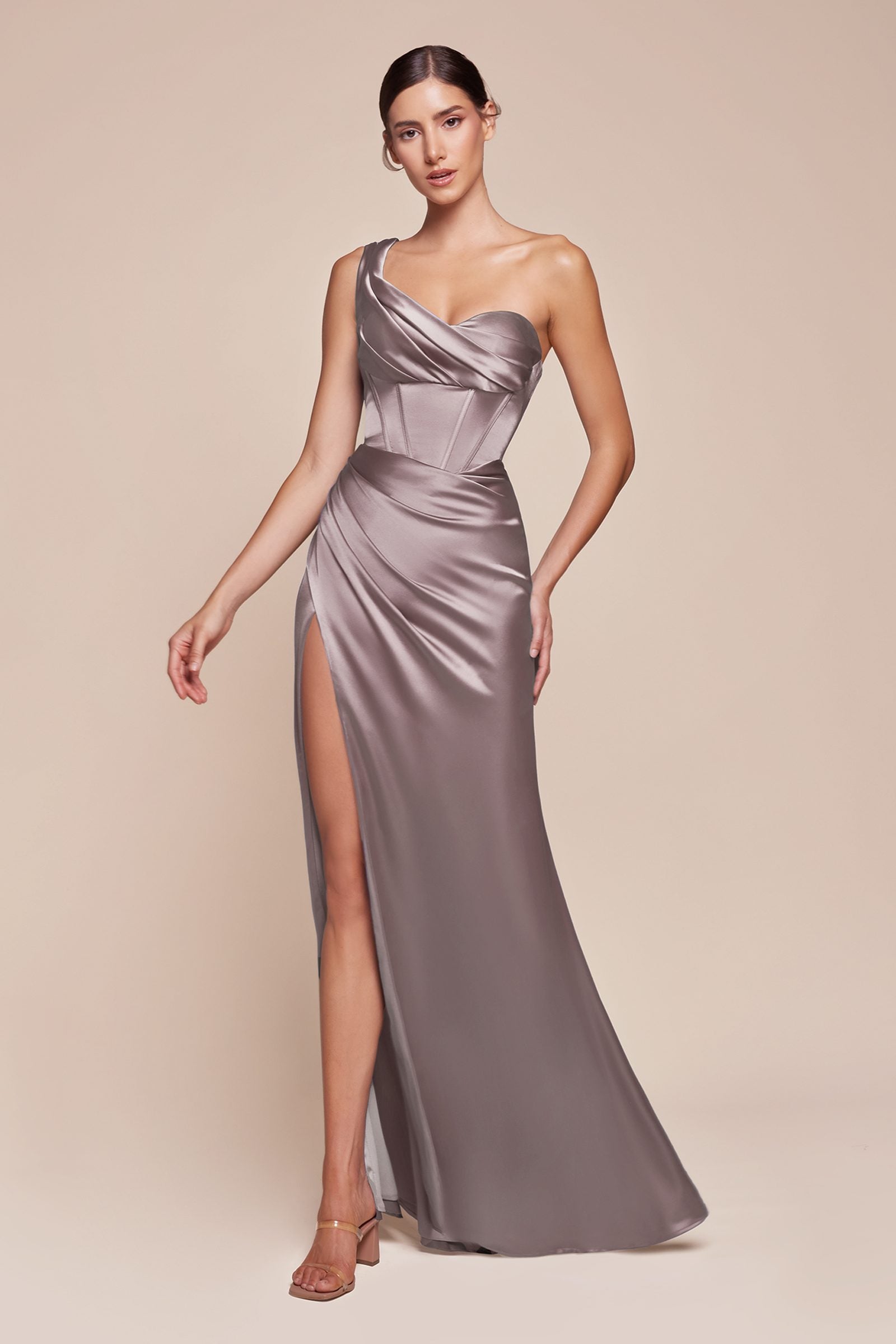 Ladivine 7448 Dress Long One Shoulder Satin Corset Gown