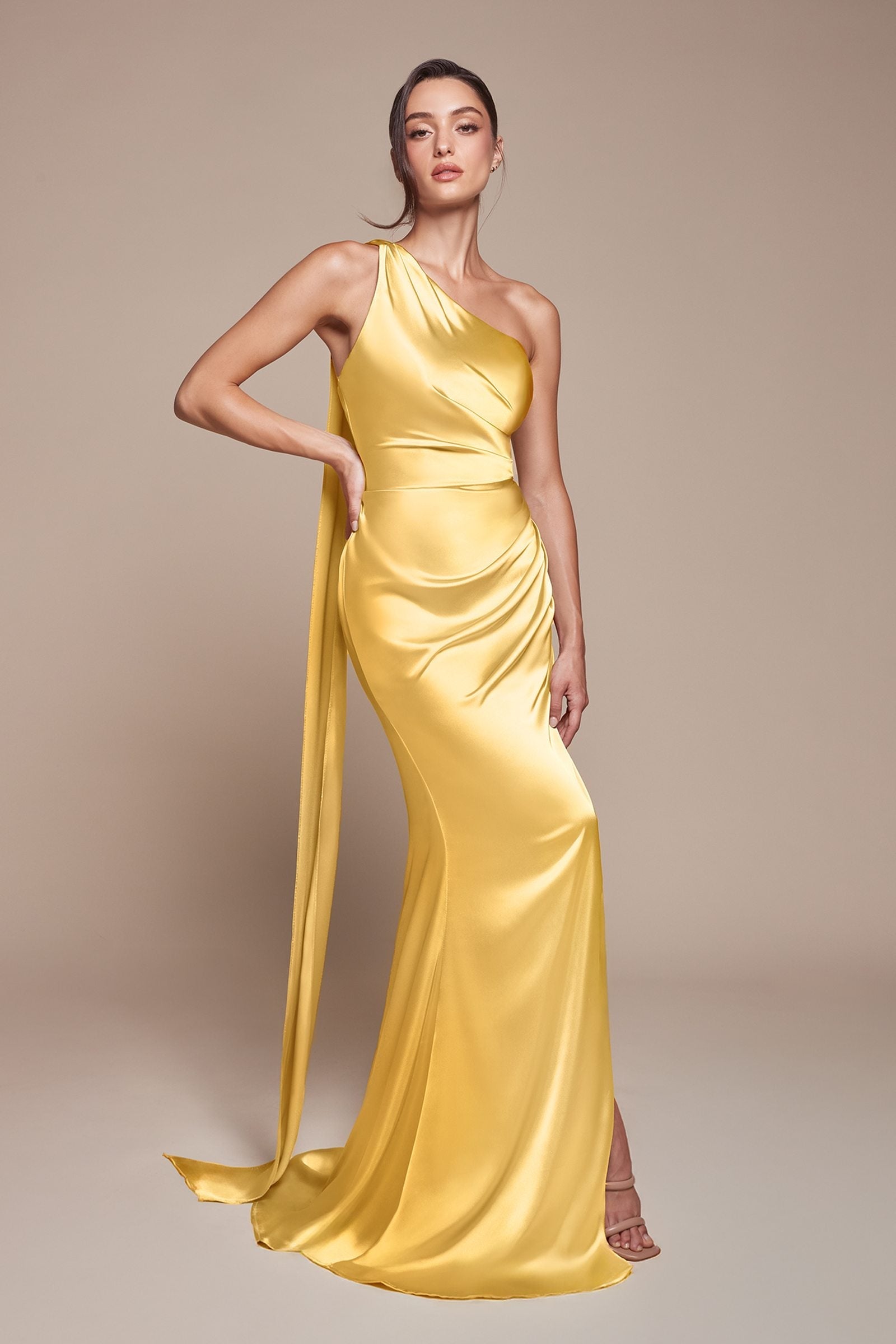 Ladivine 7454 Dress One Shoulder Luxe Satin Fitted Gown