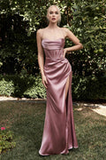 Cinderella Divine 7483 Long Satin Corset Cowl Neckline Formal Gown
