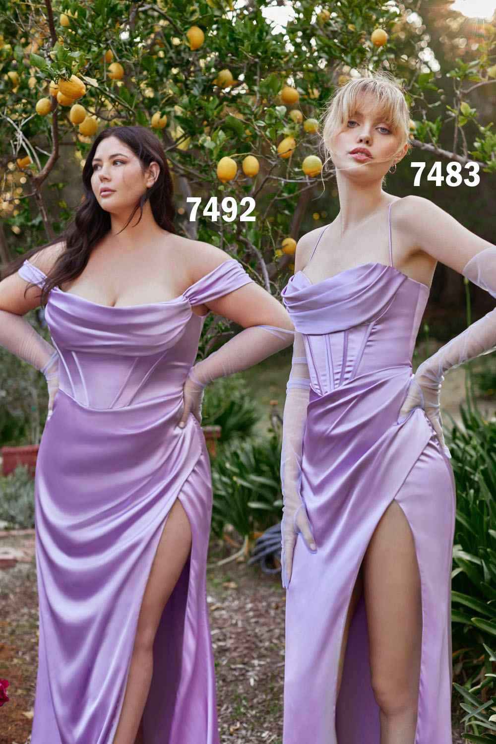 Cinderella Divine 7492 Satin Off the Shoulder Corset Satin Gown