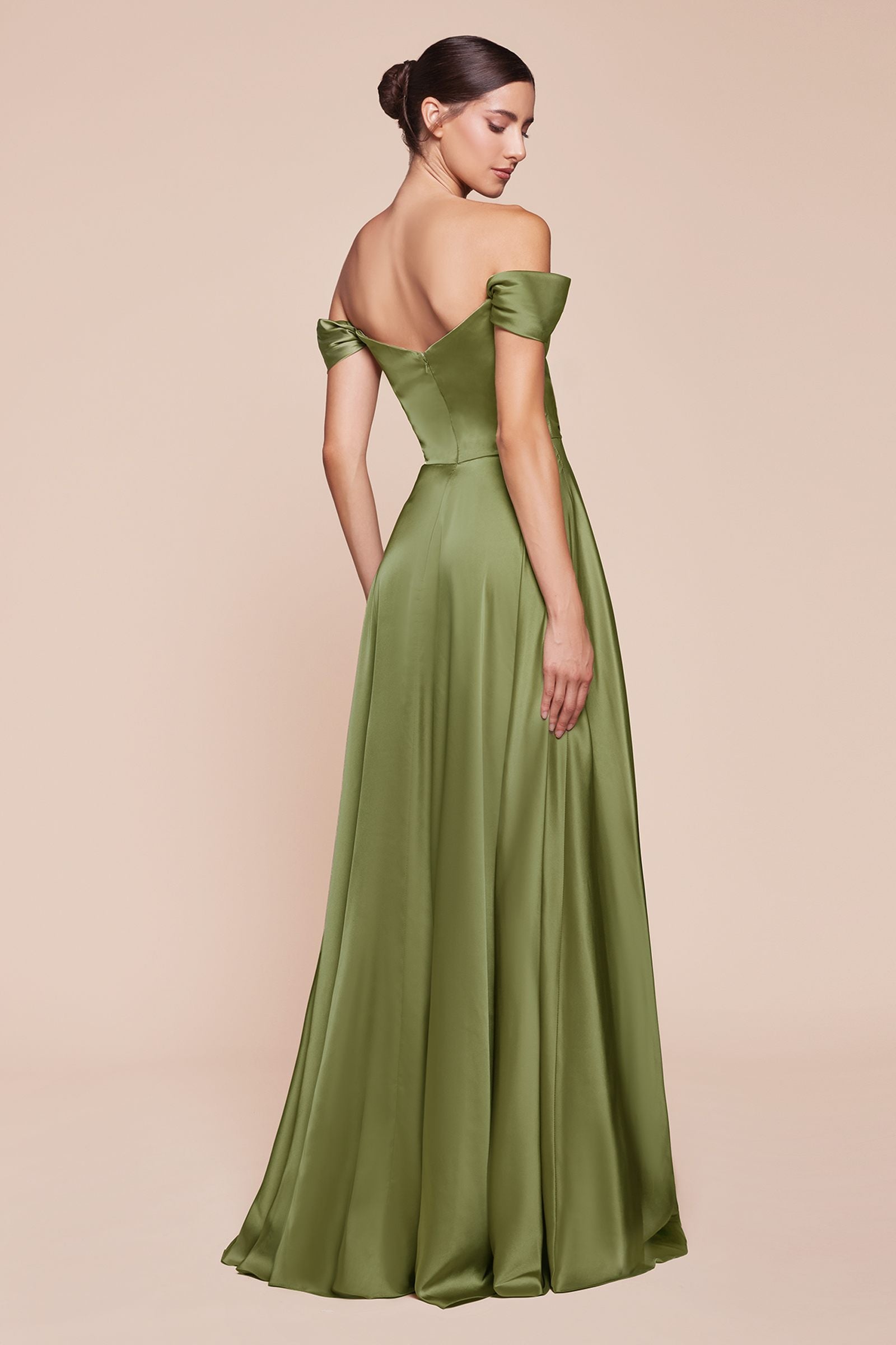 Ladivine 7493 Long A-Line Satin Off the Shoulder Dress
