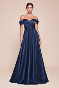 Ladivine 7493 Long A-Line Satin Off the Shoulder Dress